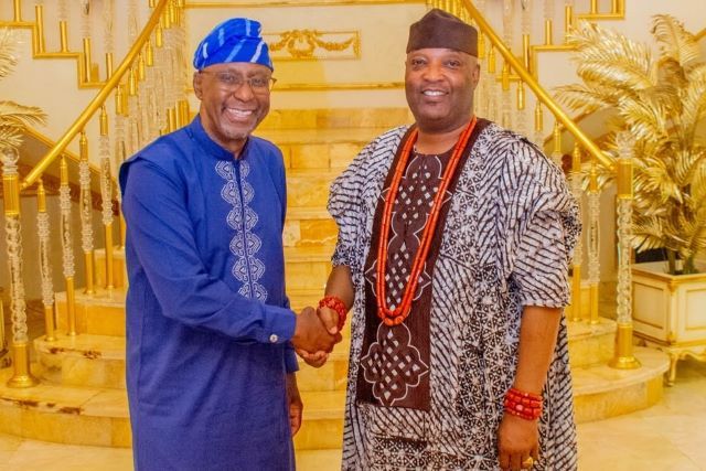 ADRON CONGRATULATES (2) Chairman of Adron Homes and Properties, Sir Aare Adetola Emmanuelking KOF, right, with the new Bobajiro of Ilishan-Remo, Chief Anthony Osibodu...