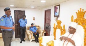 Alaafin Hosts Oyo CP, Identifies How To Combat Emerging Security Threats Oyo's Commissioner of Police, Mr. Abimbola Ayodeji Olugbenga, left, with Oba Akeem Owoade...